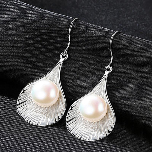 Luxury 925 Sterling Silver Fine Jewelry Freshwater Pearl Leaf Shape Drop Earrings