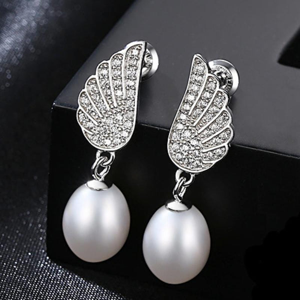 Fashion Unique Wings Design Women Zircon Natural Pearl Silver Earrings