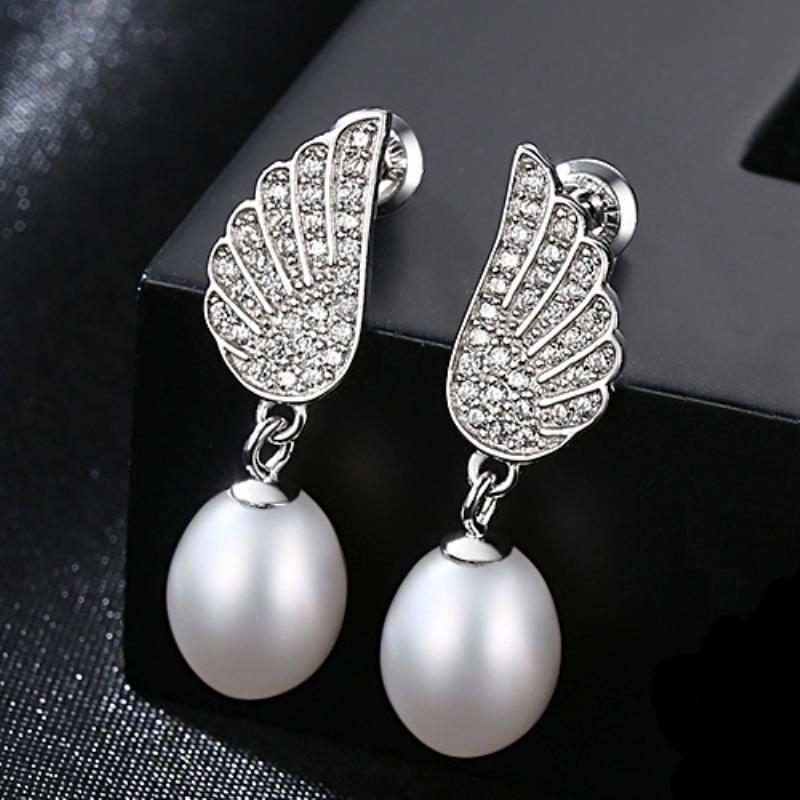 Fashion Unique Wings Design Women Zircon Natural Pearl Silver Earrings