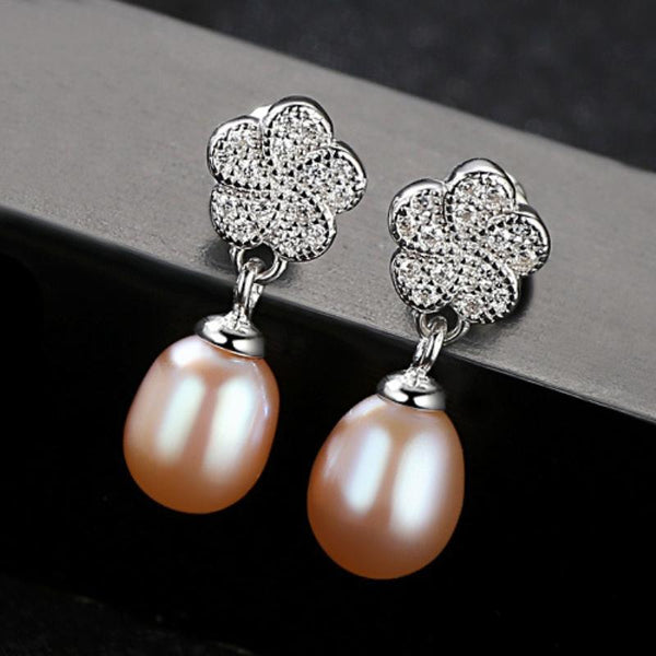 Exquisite Plum Flower Pattern Luxury 3A Zircon Freshwater Pearl Earrings