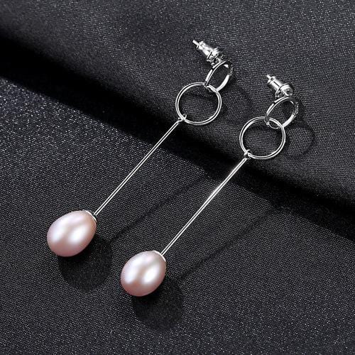 Simple Long Length Design Women Sterling Silver Natural Pearl Earrings