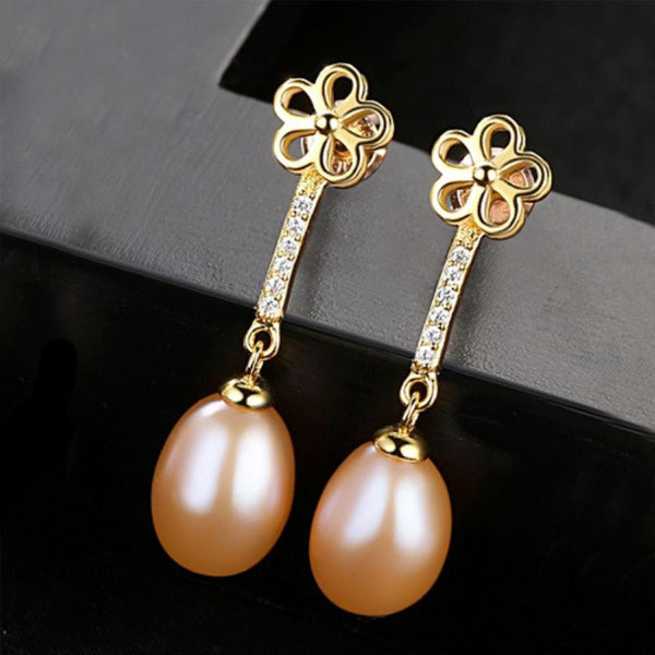 8-9mm Nature Freshwater Pearl Sterling Silver Plum Blossom Earrings