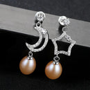 Fashion Asymmetric Design Hollow Silver Moon And Star Zircon Pearl Earrings