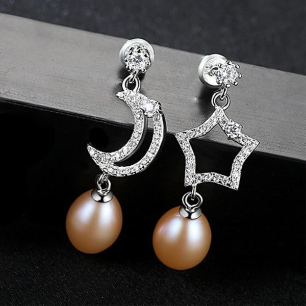 Fashion Asymmetric Design Hollow Silver Moon And Star Zircon Pearl Earrings