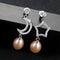Fashion Asymmetric Design Hollow Silver Moon And Star Zircon Pearl Earrings