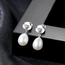 Elegant Women Cute Flower Design Oval Shape Freshwater Pearl Silver Earrings