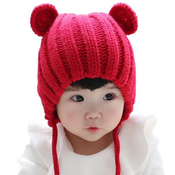 Babies Woolen Solid Color Bear Ear Pattern Knitted Hat