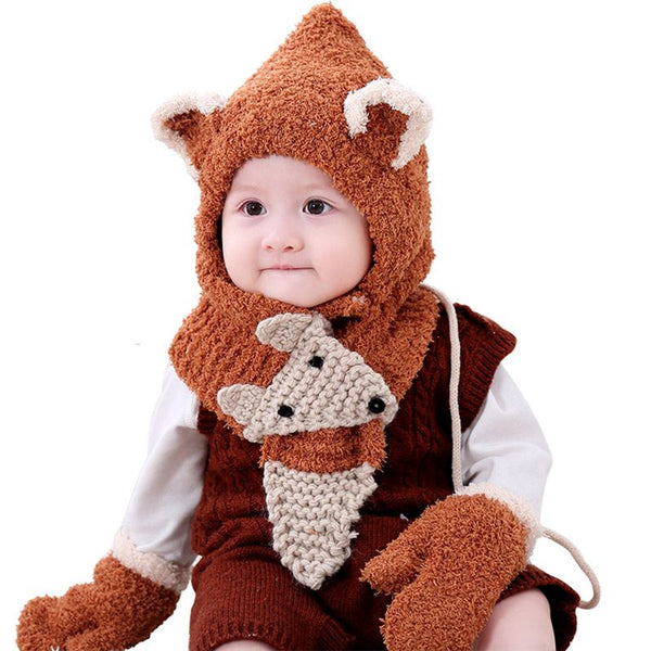 3 Pcs Set Babies Cute Animals Pattern Thickened Woolen Hat And Scarf And Gloves
