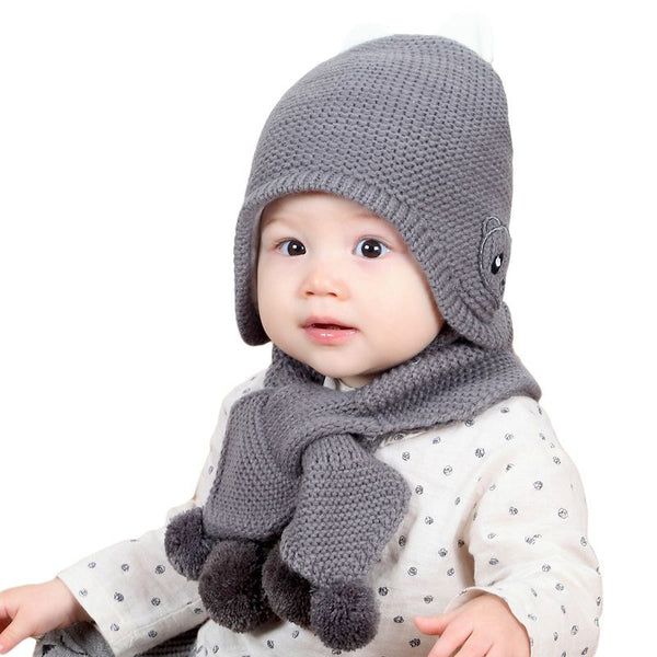 2 Pcs Set Babies Knitted Bear Pattern Hat And Scarf