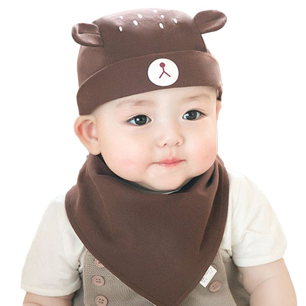 2 Pcs Set Babies Cotton Bear Pattern Hat And Solid Color Bib