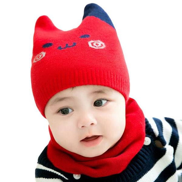 2 Pcs Set Babies Cartoon Shy Cat Pattern Knitted Hat And Scarf