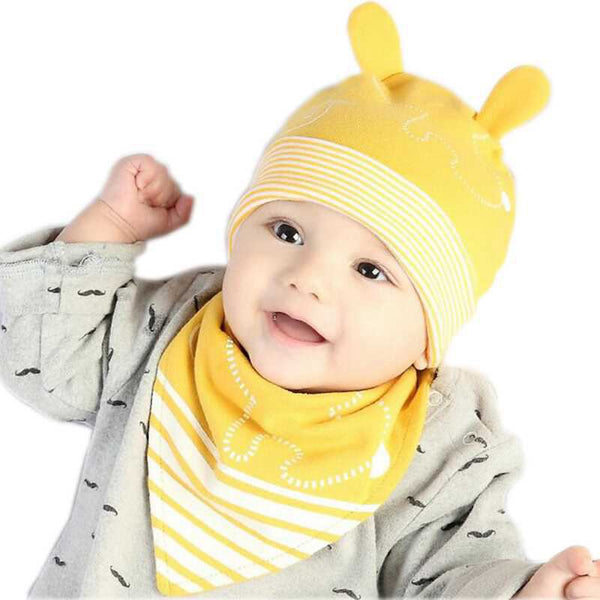 2 Pcs Set Babies Cotton Bunny Ear Pattern Stripe Printed Hat And Bib