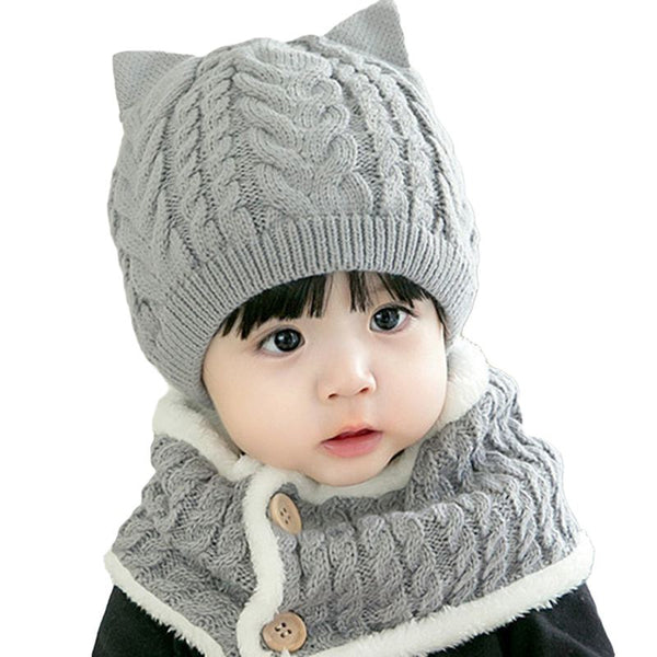 2 Pcs Set Babies Solid Color Dogs Pattern Thickened Knitted Hat And Scarf