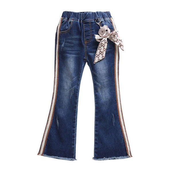 Fashion Girls Cotton Stripes Applique Flared Jeans