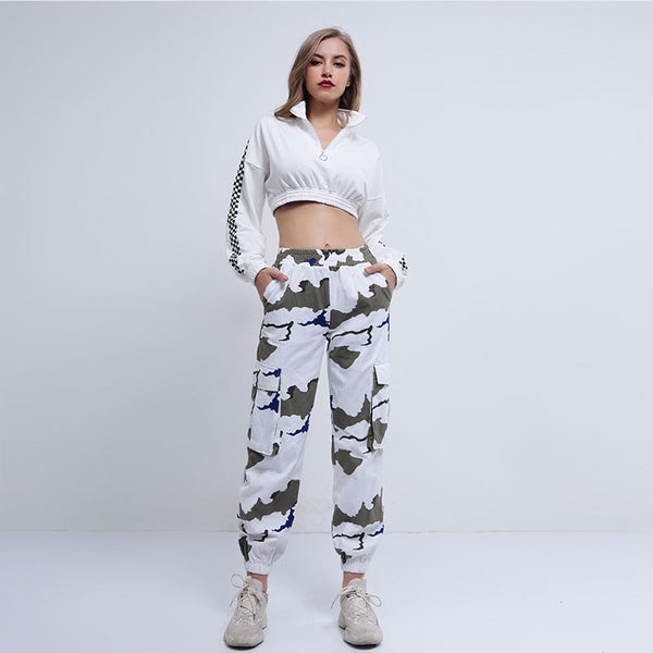 Cool Girl Fashion Camouflage Print Color Blocking Cargo Pants