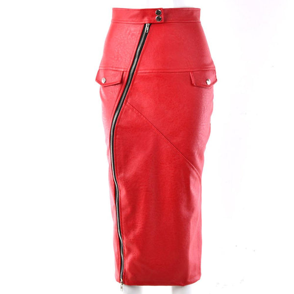 Women Fashion Colored PU Leather Irregular Zipper Design Tight Skirt