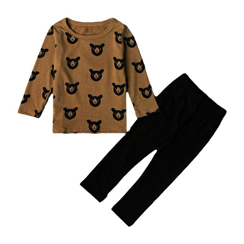 2 Pcs Set Cartoon Bear Printed Tops And Black Pants