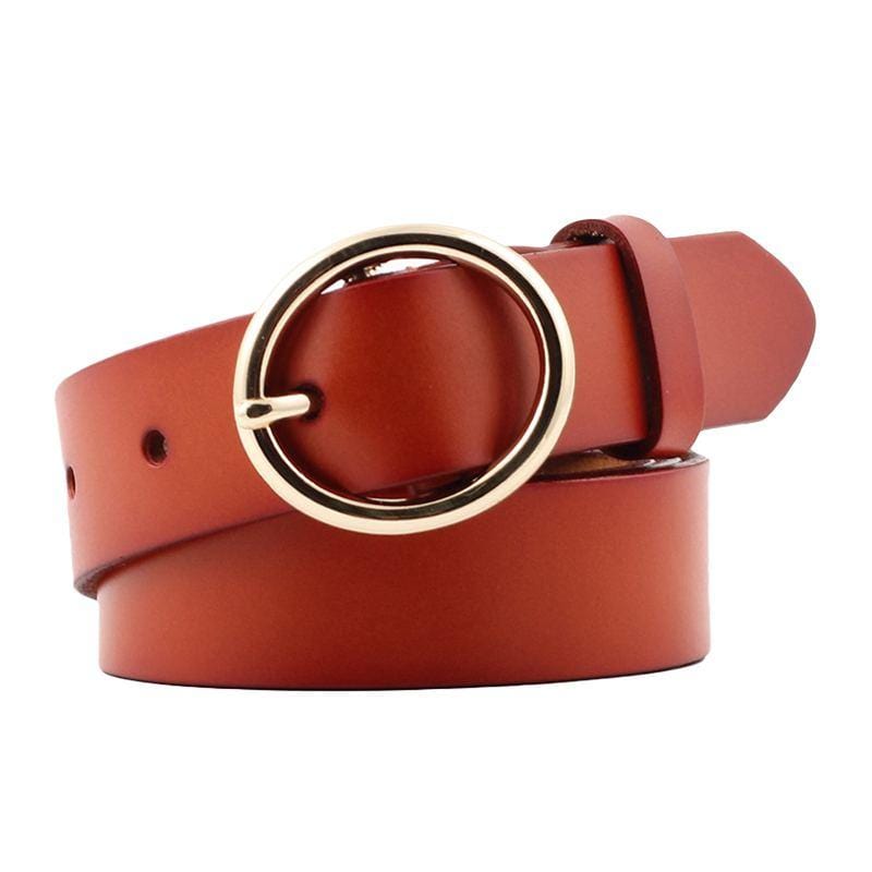 Women Fashion Style Classic Design Round Metal Buckle Genuine Leather Belt