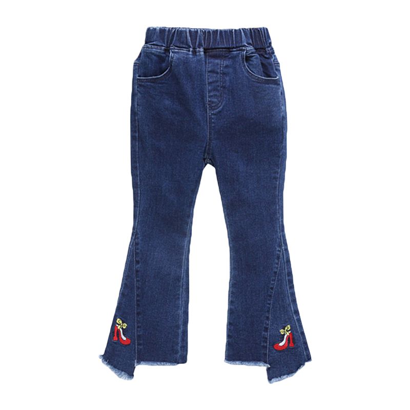 Girls Cotton Red High Heels Embroidered Flared Jeans