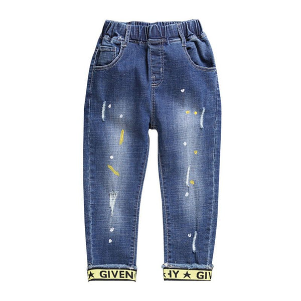 Boys Fashion Oil Painted Style Cotton Patchwork Jeans
