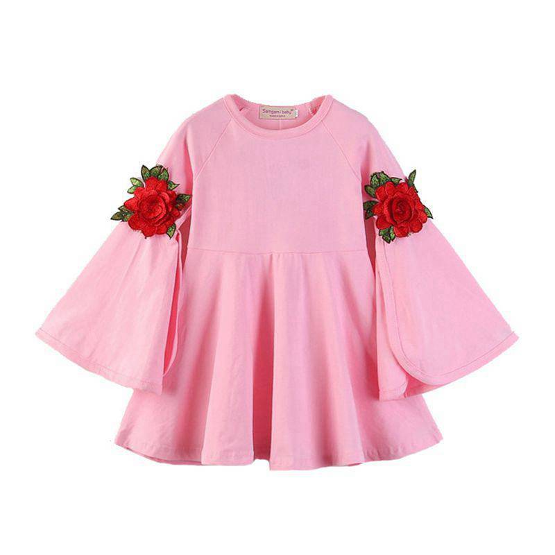 Fresh Style Girls Cotton Flower Embroidered Flare Sleeves Dress