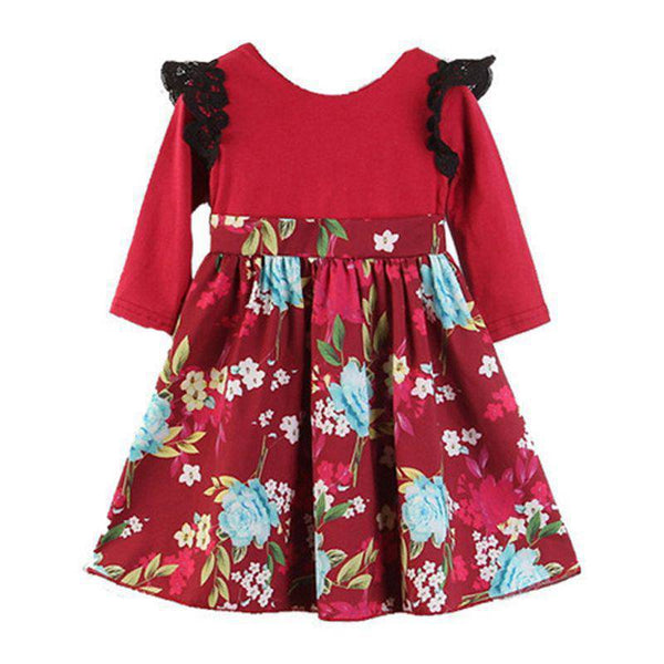 Girls Cotton Long Sleeves Patchwork Floral Printed Dress