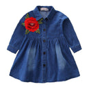 Girls Cotton Rose Flower Embroidered Denim Dress
