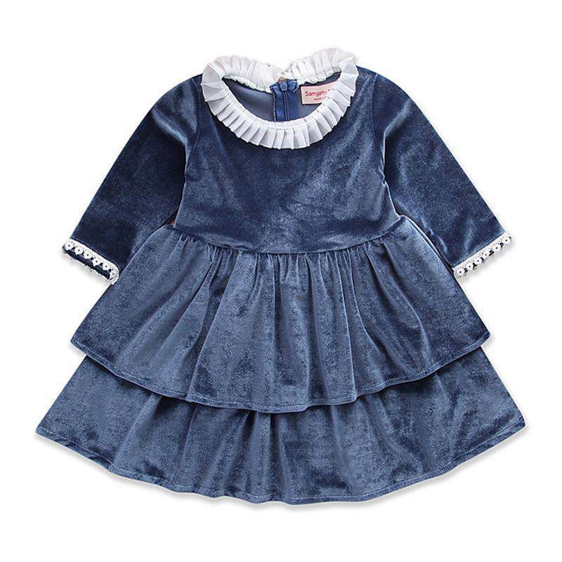 Girls Velvet Solid Color Long Sleeves Ruffle Dress