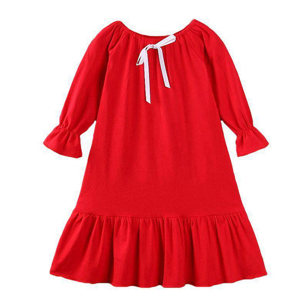 Cute Girls Cotton Solid Color Lace-up Round Neck Ruffle Design Dress