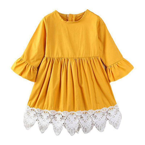 Girls Cotton Long Sleeves Lace Patchwork Design Ruffle Dress