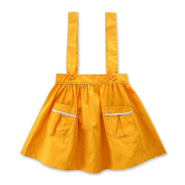 Girls Cotton Solid Color Button Pockets Ruffle Suspender Skirts