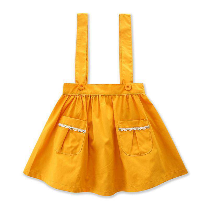 Girls Cotton Solid Color Button Pockets Ruffle Suspender Skirts