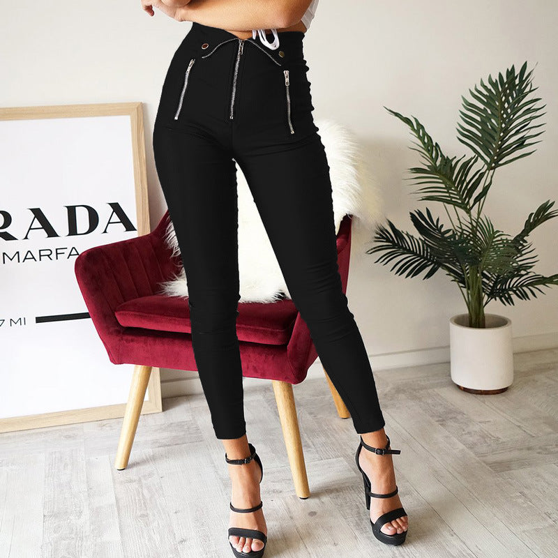 Creative Zipper Design Fashion Women Winter Black Color Skinny Pants