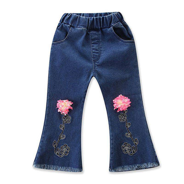 Fashionable Girls Cotton Flower Embroidered Flared Jeans