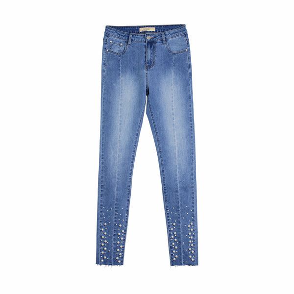 Fashion Women Imitation Pearl Decorated Opening Light Color Washed Jeans