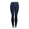 Classic Dark Blue Color Women Fashion Curling Hem Skinny Jeans