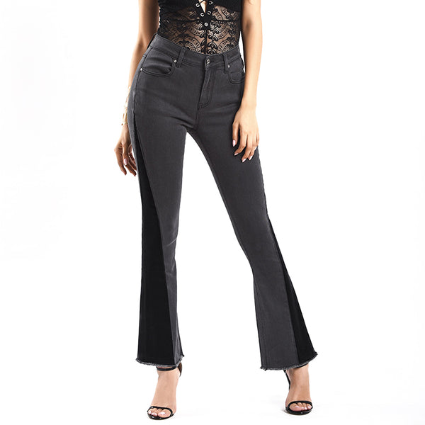 Elegant Women Solid Color Denim Fabric Color Blocking Design Flare Jeans