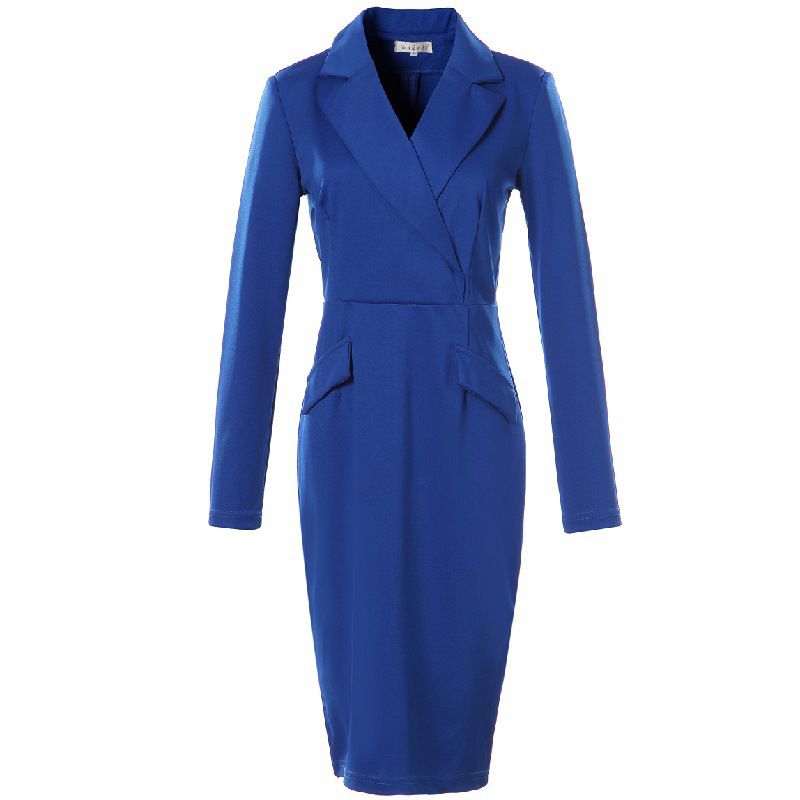 Elegant Women Solid Color Autumn Winter Long Sleeves Work Dress