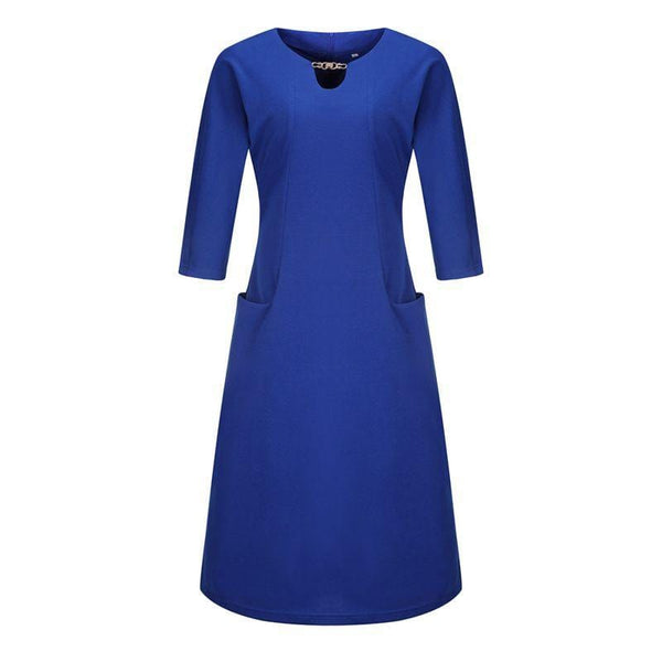 Women Fashion Classic Hollow Neck Design Half Sleeves Solid Color Loose Dress