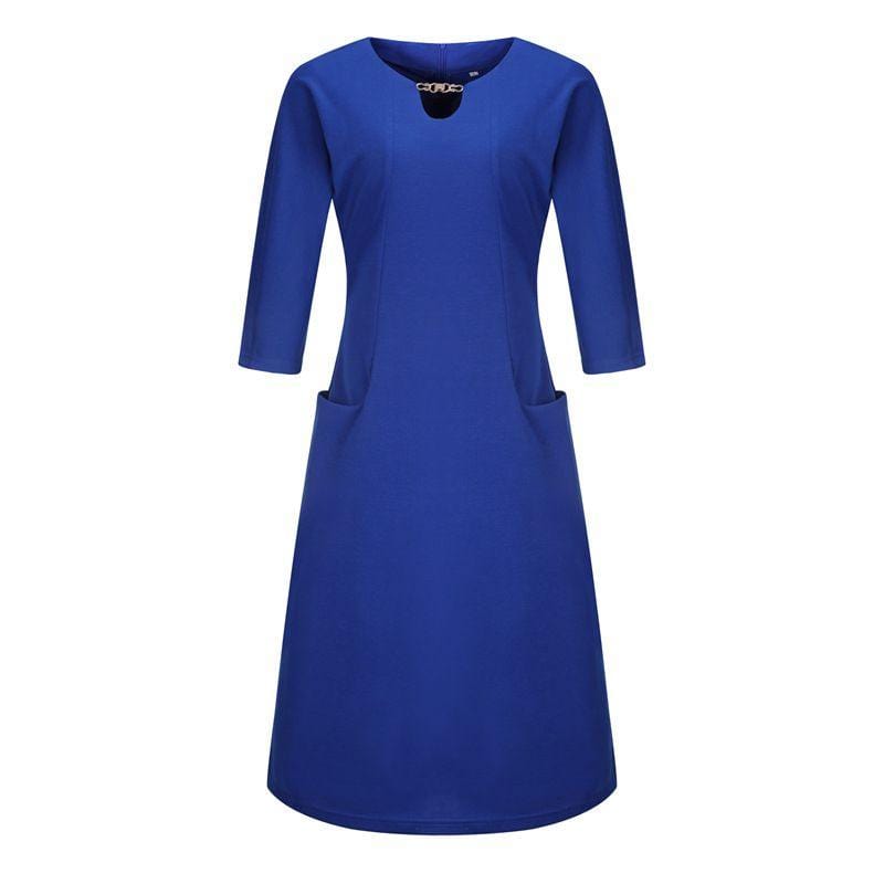 Women Fashion Classic Hollow Neck Design Half Sleeves Solid Color Loose Dress