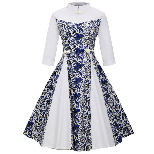 Fashion Vintage Style Blue And White Pattern Women Half Sleeves Party Dress