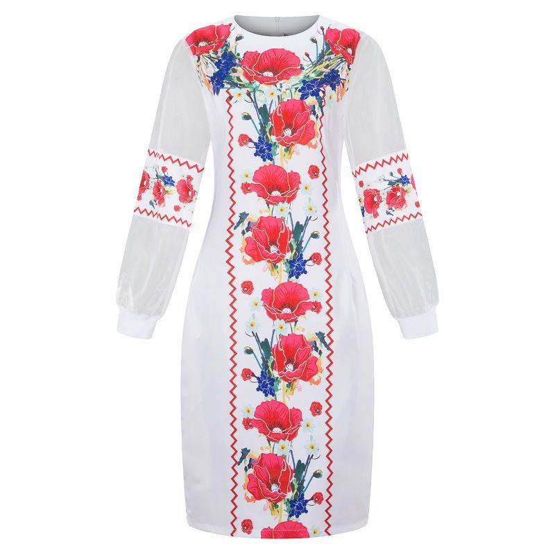 Fashion Women Plus Size Pattern Rose Print Mesh Fabric Casual Dress