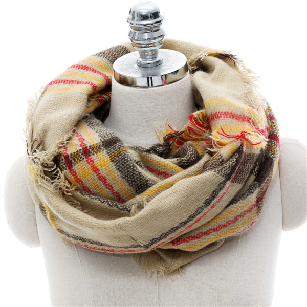 Fashion Color Blocking Women Classic Plaid Pattern Tassel Scarf