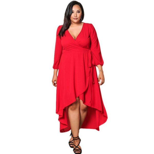 Women Plus Size Sexy Deep V Neck Design Long Sleeves High-low Hemline Dress