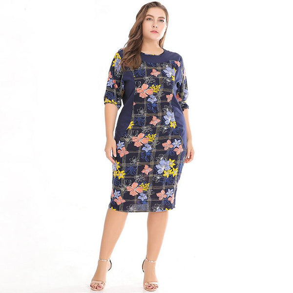 Elegant Women Fashion Floral Printed Half Sleeves Plus Size Dress