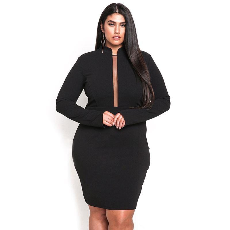 Women Classic Solid Color Long Sleeves Design Stand Collar Tight Dress