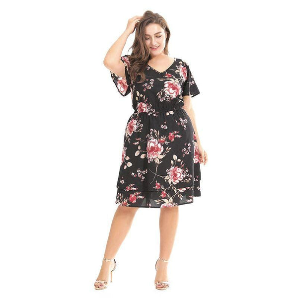 Women Fashion Floral Printed Casual Style Vacation Plus Size Dress