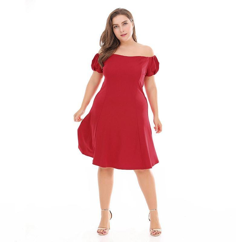 Women Elegant Style Solid Color Sweet Off-shoulder Short Sleeves Plus Size Dress