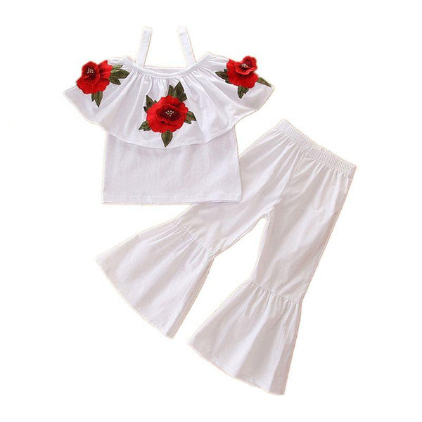 2 Pcs Set Girls Vintage Style Rose Embroidered Off-shoulder Tops And Loose Flared Pants