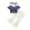 Cute Girls Cotton Printed Lace Up Off-shoulder Tops And White Flared Pants Set